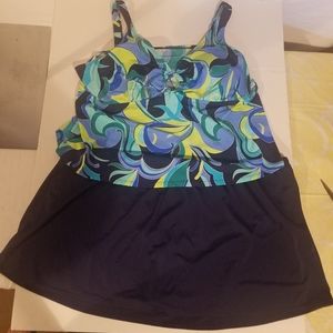 Avenue Blue & Green Patterned Tankini Swim Top with Navy Skirt